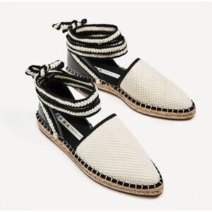 Zara Trafaluc Espadrille‎ Flats Womens EU 40 Black White Lace Up Canvas Coastal